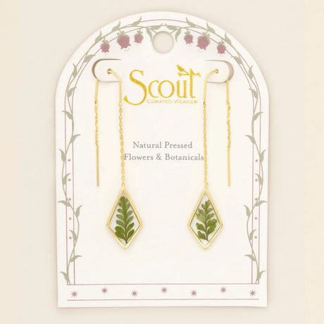 Pressed Flower Threader Earrings - Gold - Green Bracken Fern