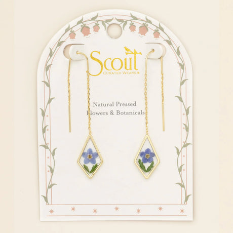 Pressed Flower Threader Earrings - Gold - Blue Forget Me Not