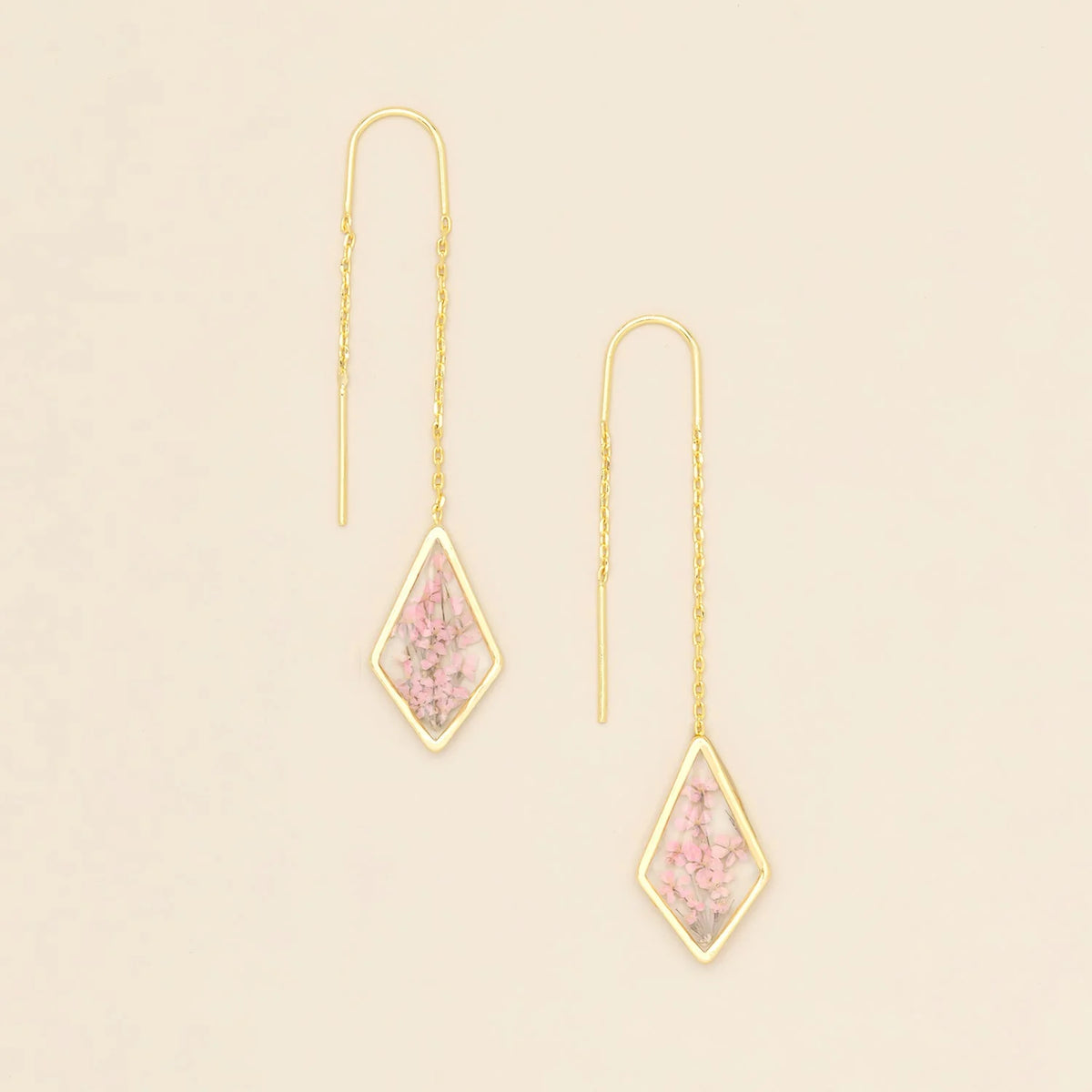 Pressed Flower Threader Earrings - Gold - Pink Lace Flower