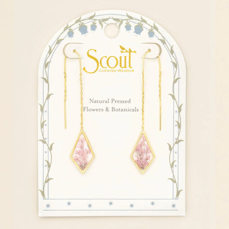 Pressed Flower Threader Earrings - Gold - Pink Lace Flower