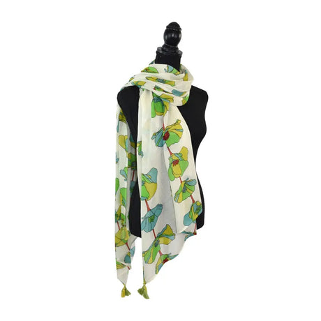 Garland Poppy Print Viscose Tassel Scarf - Green Model