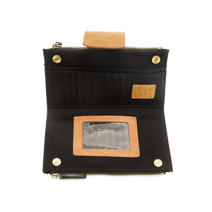 Black/Almond Colorblock Vegan Leather Cami Crossbody Featuring Hidden Credit Card Slots and Identification Window View