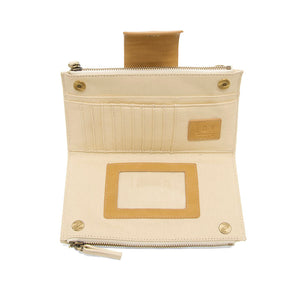 White/Tan Colorblock Vegan Leather Cami Crossbody Featuring Hidden Credit Card Slots and Identification Window View