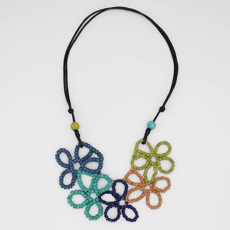 Ocean Blue Wood Beaded Flower Necklace