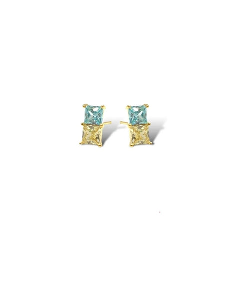 Princess Cut CZ Crystal Aurora Stud Earrings - Blue/Yellow