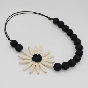 Black & White Wooden Flower Statement Necklace