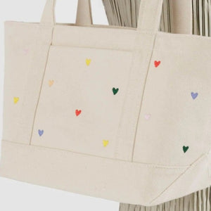 Small Heavyweight Canvas Boat Tote - Embroidered Hearts