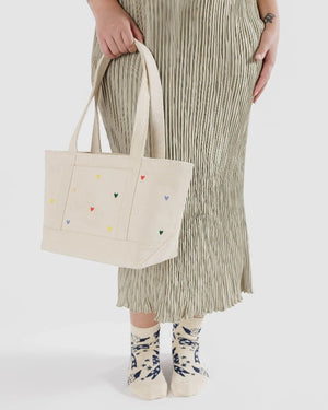 Small Heavyweight Canvas Boat Tote - Embroidered Hearts