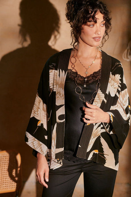 Stork Black Crepe Kimono