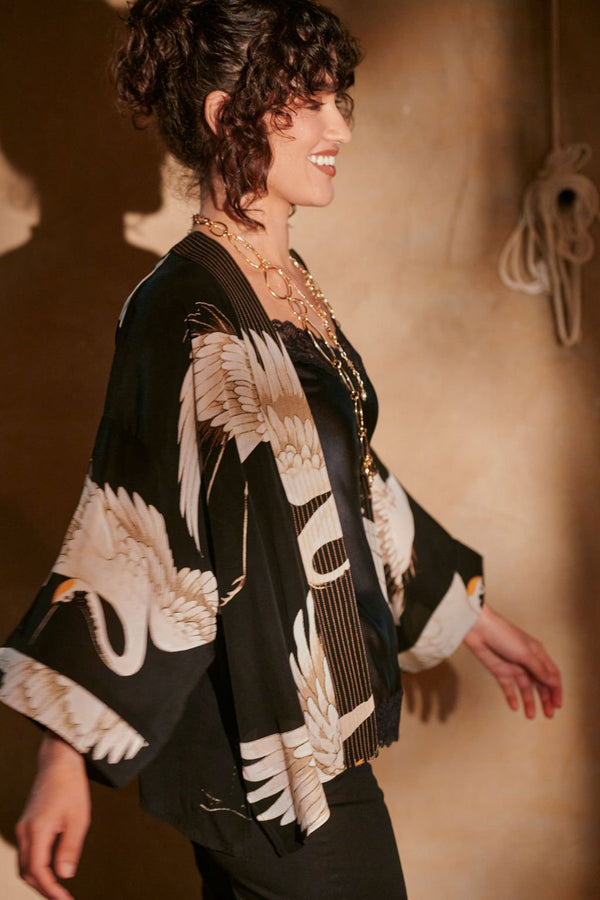 Stork Black Crepe Kimono
