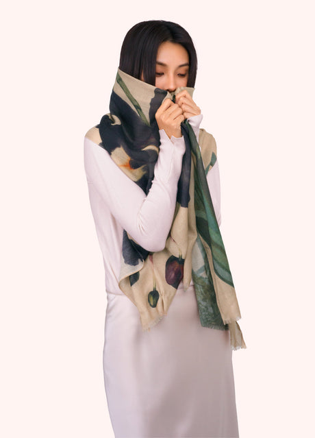 Wool Blend Wrap Scarf in Midnight Orchid on Model