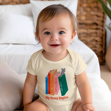 Infant wearing My Story Begins Printed Cotton Baby Onesie – Book Lover Themed Gift for Babies Lifestyle