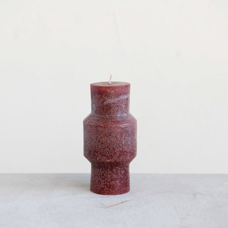 Unscented Sculpted Totem Pillar Candle 6" H in Cabernet Red Lifestyle