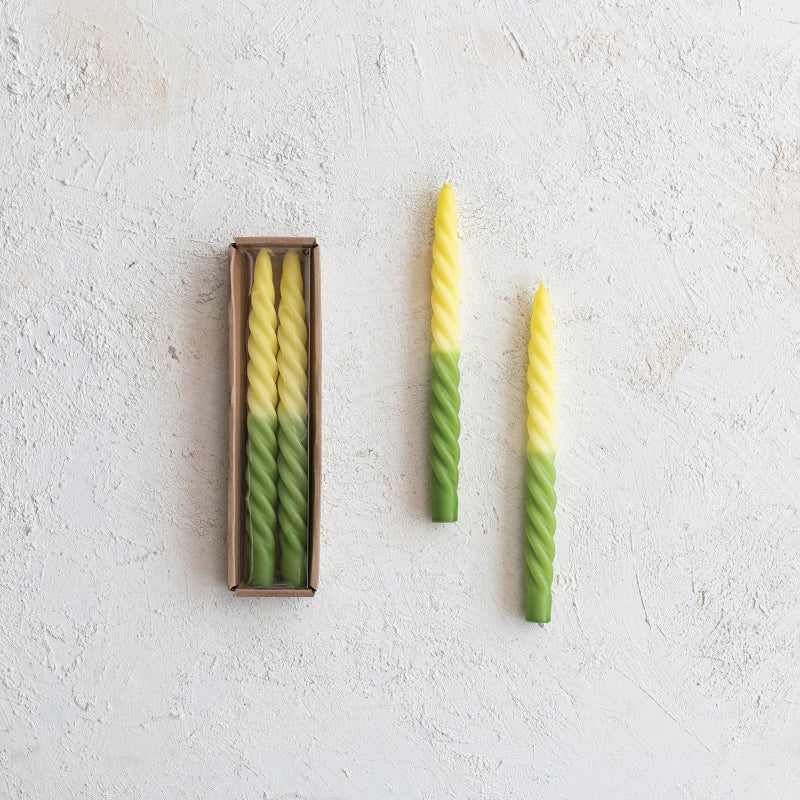 Unscented Twisted Taper Candles Set of 2 - Yellow Green Ombre