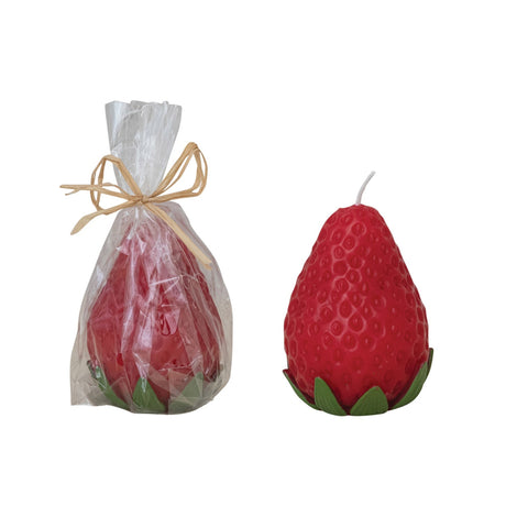 Unscented Strawberry Shaped Candle, Red & Green (Est. Burn Time 12 Hours)