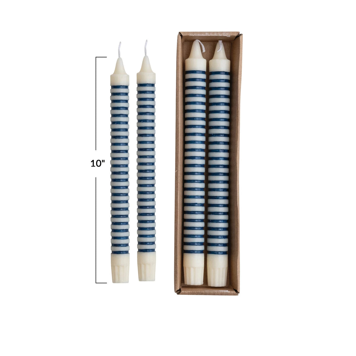 Striped Unscented Taper Candles Boxed Set of 2 - Blue