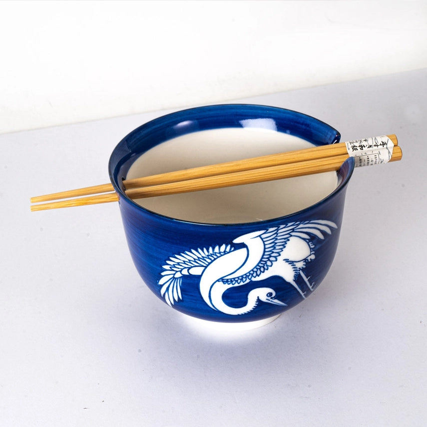 Japanese Noodle Bowl with Chopsticks Set - Crane Blue