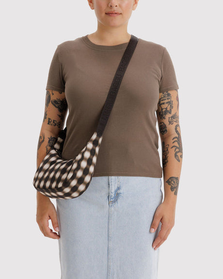 Small Nylon Crescent Bag - Blurred Gingham Brown