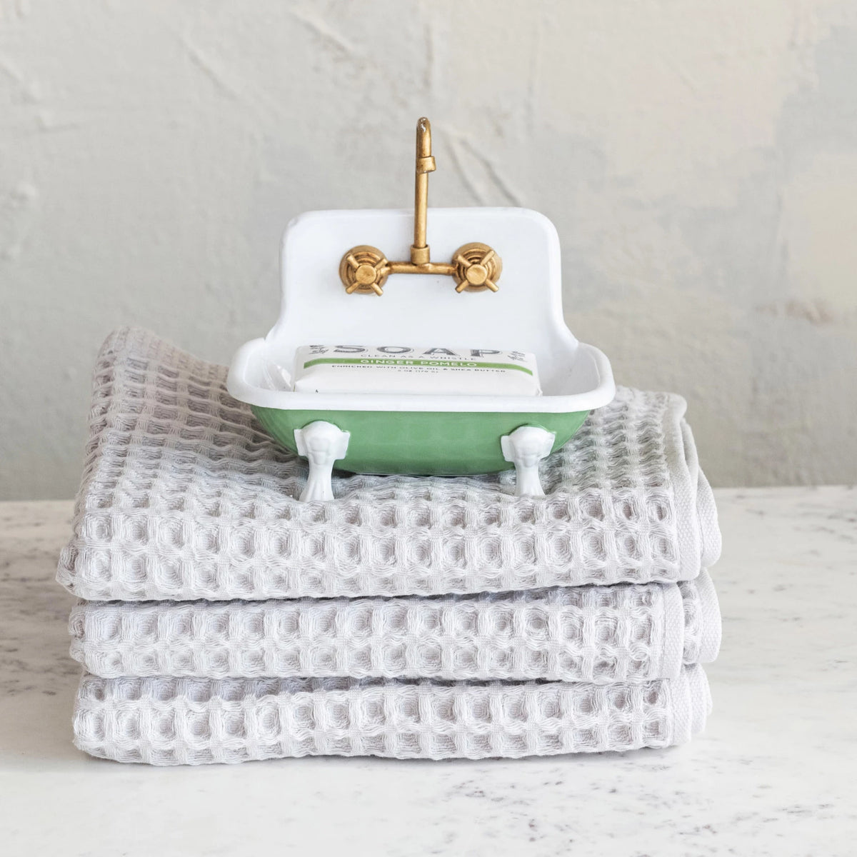 Metal Sink Soap Dish with Faucet & Knobs - White/Green/Gold - Hello World Modern Mercantile