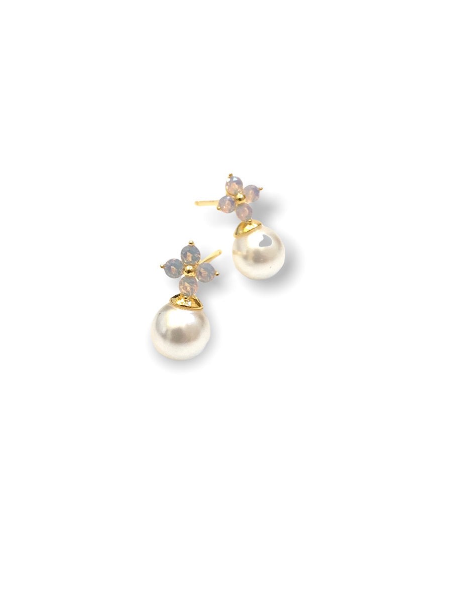 Pink Opal CZ Clover Flower & Pearl Drop Earrings