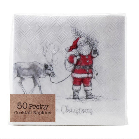 Paper Cocktail Napkins - Holiday Santa Leading Reindeer