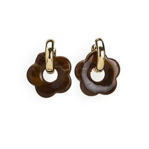 Gold Plate Hoop Earring With Resin Flower Charm Tortoise Brown