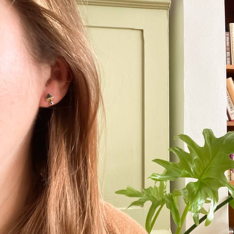 Tiny Mushroom Forest Green and Gold Brass Earrings Lifestyle