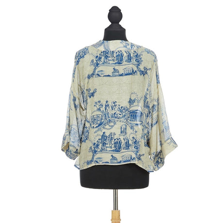 Back view blue and white ancient column print short kimono