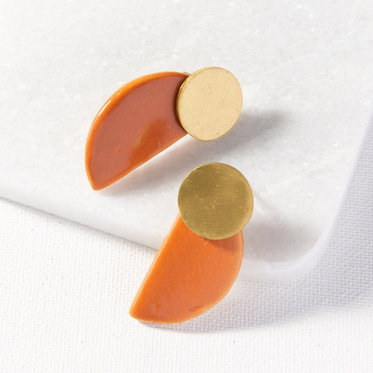 Terracotta + Brass Ceramic Half Circle Post Earrings