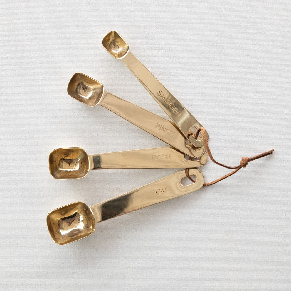 6"L Stainless Steel Square Measuring Spoons with Leather Tie, Brass Finish, Set of 4