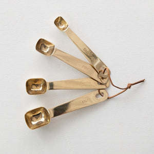 6"L Stainless Steel Square Measuring Spoons with Leather Tie, Brass Finish, Set of 4