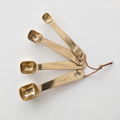 6"L Stainless Steel Square Measuring Spoons with Leather Tie, Brass Finish, Set of 4