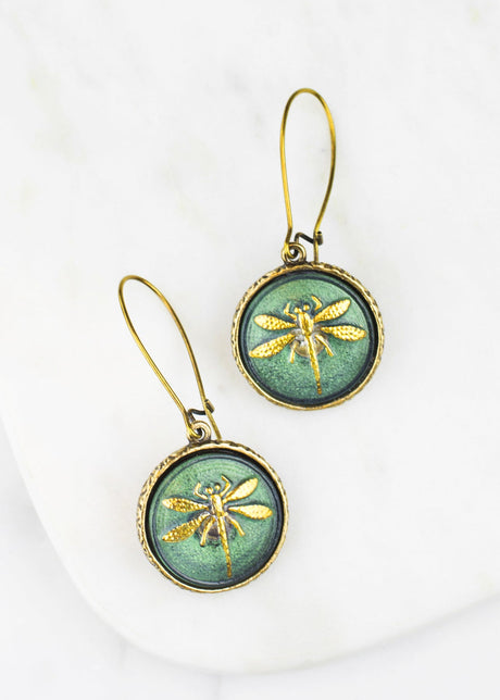 Czech Hand-Pressed Glass Sage Dragonfly Vintage Button Earrings. Grandmother's Buttons