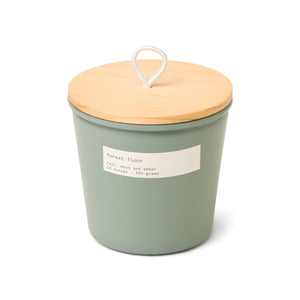 Firefly Senses 14oz Green Tapered Glass with Wood Lid and White String Pull Tab. Forest Floor.