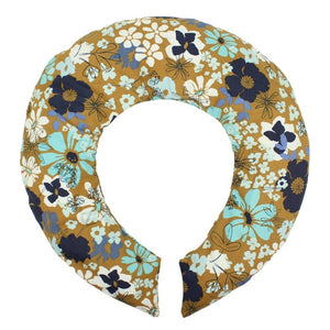 Caramel brown and Aqua blue floral cotton print. Filled with flaxseed and lavender. Heating and cooling aromatherapy neck pillow.