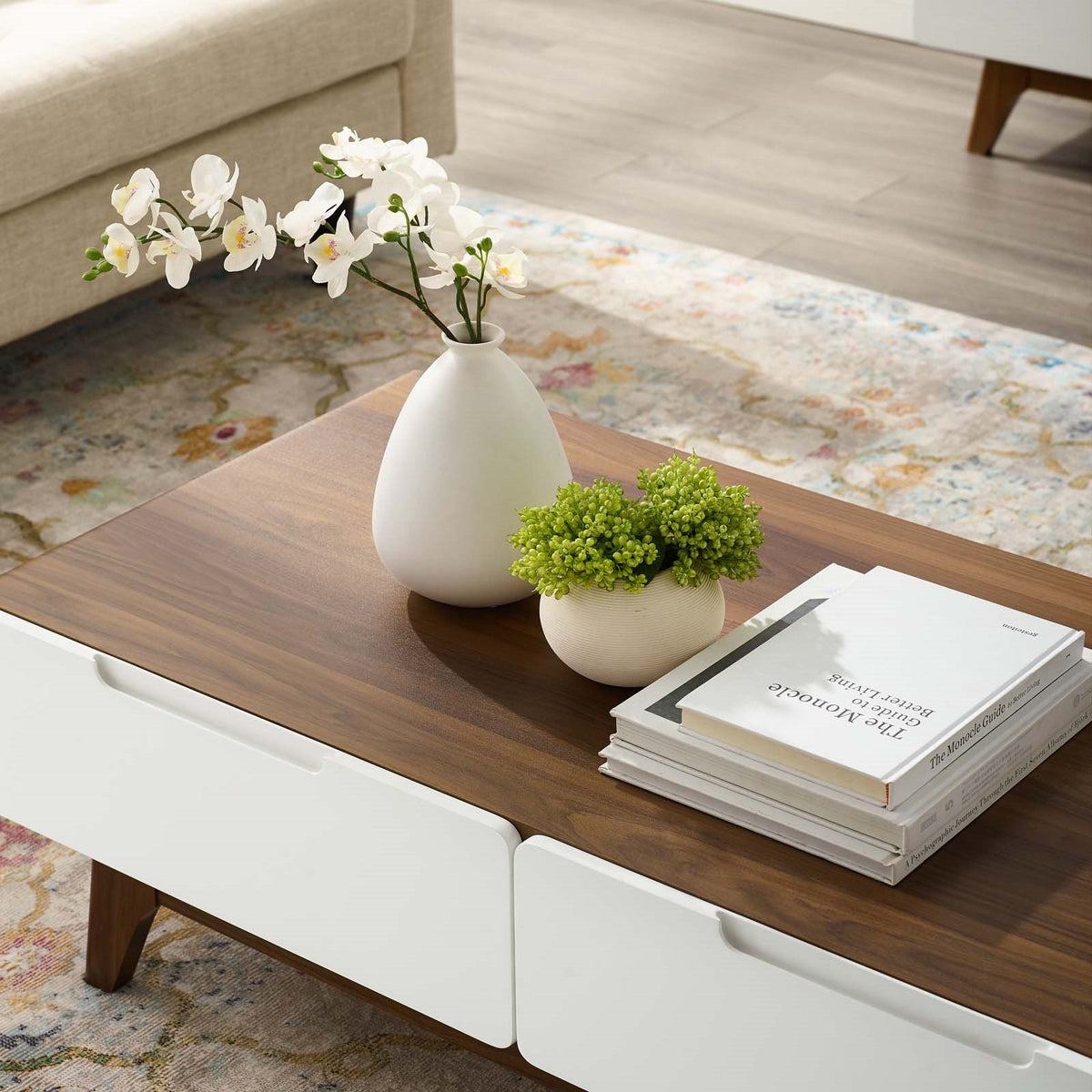 Mid Century Modern Style Coffee Table with Drawers - Walnut White