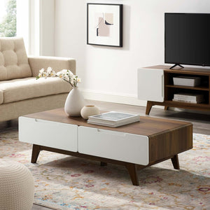 Mid Century Modern Style Coffee Table with Drawers - Walnut White